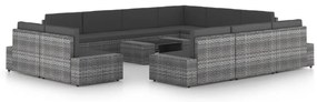 12 pcs conjunto lounge de jardim c/ almofadões vime PE cinzento