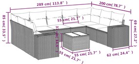 10 pcs conjunto sofás de jardim c/ almofadões vime PE preto