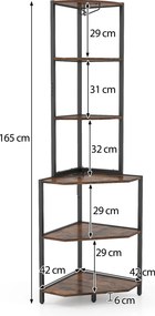 Estante de Canto com Iluminação LED, 42 x 42 x 165 cm, Estação de Carregamento Integrada, Castanho