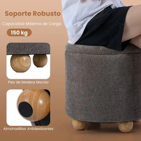 Banco redondo com arrumação 35 L oculta estofado em chenille, tampo removível e pernas de madeira para sala ou quarto cinzento