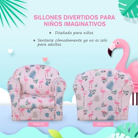 HOMCOM Poltrona para Crianças acima de 3 Anos com Desenhos de Flamingos Estrutura de Madeira e Estofado em Flanela 50x39x44 cm Rosa