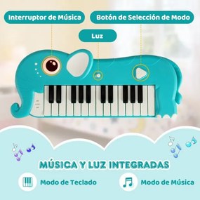 Piano infantil de 25 teclas em forma de elefante com música e luzes integradas para maiores de 3 anos Azul