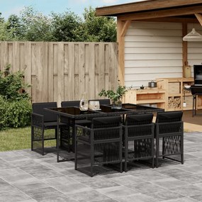 7 pcs conjunto de jantar p/ jardim c/ almofadões vime PE preto