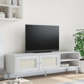Móvel de TV SENJA aspeto vime 158x40x49 cm pinho maciço branco