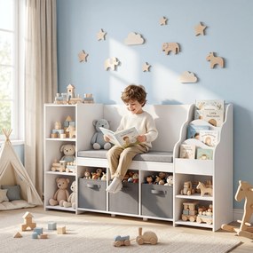 Estante Infantil para Brinquedos com Canto de Leitura Almofada 3 Gavetas de Tecido 3 Prateleiras 4 Compartimentos 137x40x80 cm Branco