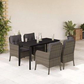 5 pcs conjunto de jantar p/ jardim c/ almofadões vime PE cinza