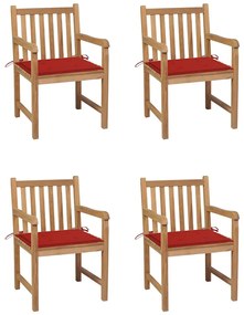 Cadeiras de jardim c/ almofadões vermelhos 4 pcs teca maciça