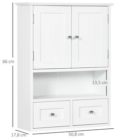 Armário de Parede para Casa de Banho com 2 Portas Prateleira Aberta e 2 Gavetas Estilo Moderno 50,8x17,8x66 cm Branco