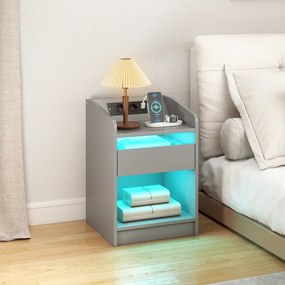 Mesa de Cabeceira com Luzes LED Gaveta 40x40x58 cm com Estação de Carregamento Entrada USB e Controlo Remoto Cinzento