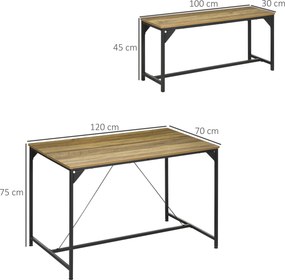 Conjunto de mesa de jantar e 2 bancos com estrutura em aço para 4 pessoas, para cozinha, sala de jantar e sala de estar, em tons naturais e pretos
