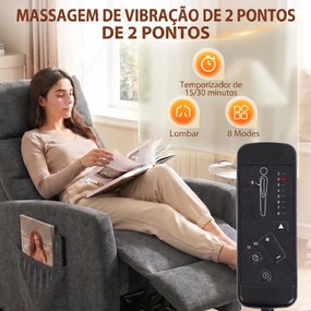 Poltrona de Massagem Reclinável com Apoio para Pés 2 Zonas de Massagem Encosto Alto Bolsos Estofada em Chenille Cinzento