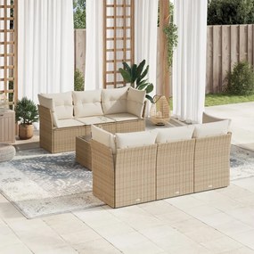 7 pcs conjunto de sofás p/ jardim com almofadões vime PE bege