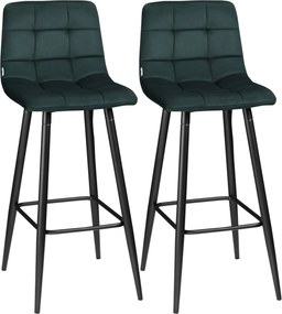 Conjunto de 2 bancos de bar, com assento em veludo acolchoado e pés em aço, altura 77 cm, verde escuro