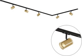 Sistema de iluminação de trilho moderno preto com 5 focos dourados 1-Fase - Iconic Lloyd