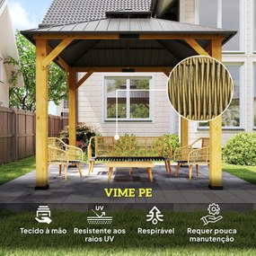 Conjunto de Jardim em Vime com Almofadas Móveis de Exterior com 2 Poltronas Sofá de 3 Lugares Mesa Creme e Madeira