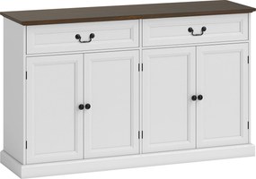 HOMCOM Aparador de sala, móvel de arrumação com 4 portas, 2 gavetas silenciosas, prateleiras reguláveis, 140x40x85cm, branco e castanho | Aosom Portugal