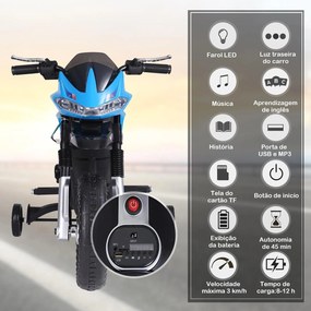 Mota Elétrica Infantil Motocicleta para Crianças acima de 3 a 5 anos Bateria 6V com Luzes e Música 105x52,3x62,3 cm Azul