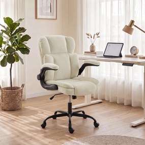 Cadeira de escritório ergonómica em chenille, função de balanço, braços rebatíveis, altura ajustável, 70 x 67 x 108 cm, bege