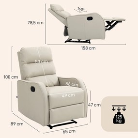 Poltrona Relax Reclinável Manual Revestida em PU com Apoio de Pés Retrátil Reclinável até 160º  65x89x100 cm Creme