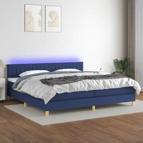 Cama box spring c/ colchão e LED 200x200 cm tecido azul