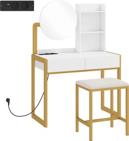 Toucador de Maquilhagem com Espelho e Banco Acolchoado Estação de Carregamento 2 Gavetas 3 Prateleiras para Quarto Branco