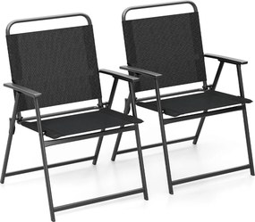 Conjunto de 2 cadeiras dobráveis com estrutura metálica, encosto e apoios para os braços, carga 150 kg, para terraço, varanda ou praia Preto