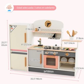 Cozinha de brincar de madeira para crianças com fogão, exaustor, frigorífico, utensílios de cozinha para 3+ anos