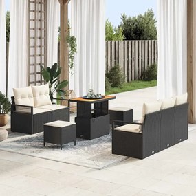 vidaXL Conjunto de Sofá de Jardim com almofada 8 pcs Preto vime PE