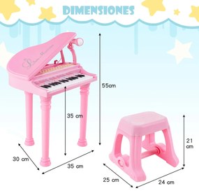 Teclado de piano eletrónico infantil com 31 teclas, piano de brinquedo portátil com banco e microfone LED 35 x 30 x 55 cm Rosa