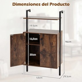 Estante de parede com 4 prateleiras 53 x 29,5 x 96 cm, portas em metal preto, painéis de madeira e puxadores pretos, Castanho Rústico + Preto