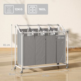 Cesto de roupa suja com rodas 4 x 40 L, 97 x 38 x 81 cm, carrinho para roupa suja, cesto com rodas com 4 sacos removíveis, cinzento