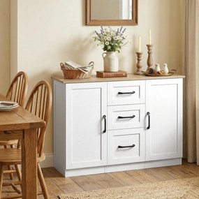 Aparador de sala 110 x 35 x 80,4 cm, móvel de arrumação com 2 portas com fecho suave e 3 gavetas, , branco e madeira natural