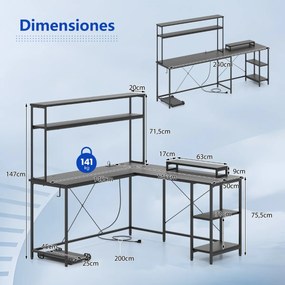Secretária 145 x 145 x 147 cm em forma de L convertível com tomadas e portas USB e iluminação inteligente preta