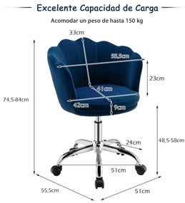 Cadeira giratória de veludo para escritório com altura ajustável com rodas Cadeira estofada para computador com encosto azul