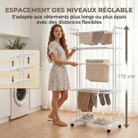 Estendal de roupa dobrável de 5 níveis com Rodas, estendal de roupa para interior com abas laterais, estrutura em aço, branco