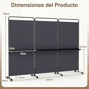 Biombo Divisório Dobrável de 3 Painéis, 259 x 44 x 188 cm, 8 Rodas Bloqueáveis, Cinzento