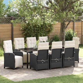 vidaXL Conjunto de Jantar para o Jardim de 9 Peças com Almofadas em Rattan Poliéster Preto