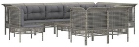 11 pcs conjunto lounge de jardim c/ almofadões vime PE cinzento