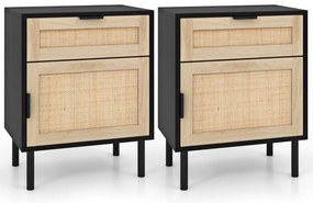 Conjunto de 2 mesas de cabeceira em rattan com gaveta e armário, pés metálicos, estilo moderno, 45 x 30 x 59 cm Pretas