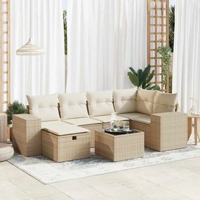 7 pcs conjunto de sofás p/ jardim com almofadões vime PE bege