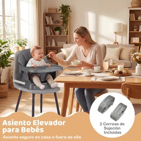 Cadeira de refeição evolutiva 9 em 1 com tabuleiro removível e lavável na máquina de lavar louça, pernas em madeira maciça, cinto de 5 pontos e almofa