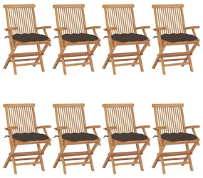 Cadeiras de jardim c/ almofadões cinza-acast. 8 pcs teca maciça