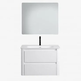 Conjunto De Móvel De Casa De Banho Suspenso 80x50 Cm Em Madeira Com Lavatório Integrado Egerton Branco & Led Retangular E Anti-embaciamento - Sklum