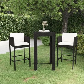 3 pcs conjunto de bar para jardim com almofadões vime PE preto