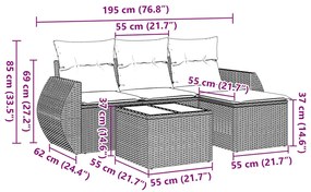 5 pcs conjunto sofás de jardim com almofadões vime PE preto