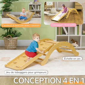 Arco de escalada infantil 4 em 1, cadeira de baloiço, rampa de escalada de dupla face e almofada, 168 x 49,5 x 39,5 cm, madeira natural