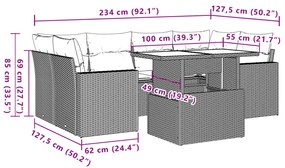 7 pcs conjunto sofás p/ jardim c/ almofadões vime PE cinzento