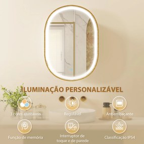 Armário de Casa de Banho com Espelho e Luzes LED de 3 Cores Armário de Parede Oval com Memória e Função Antivapor Dourado
