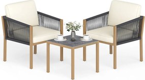 Conjunto Jardim de 3 peças de mobiliário de exterior em corda trançada com almofadas, para terraço, jardim ou varanda Castanho, preto e bege