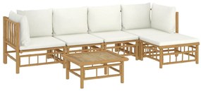 6 pcs conjunto lounge de jardim bambu c/ almofadões branco nata